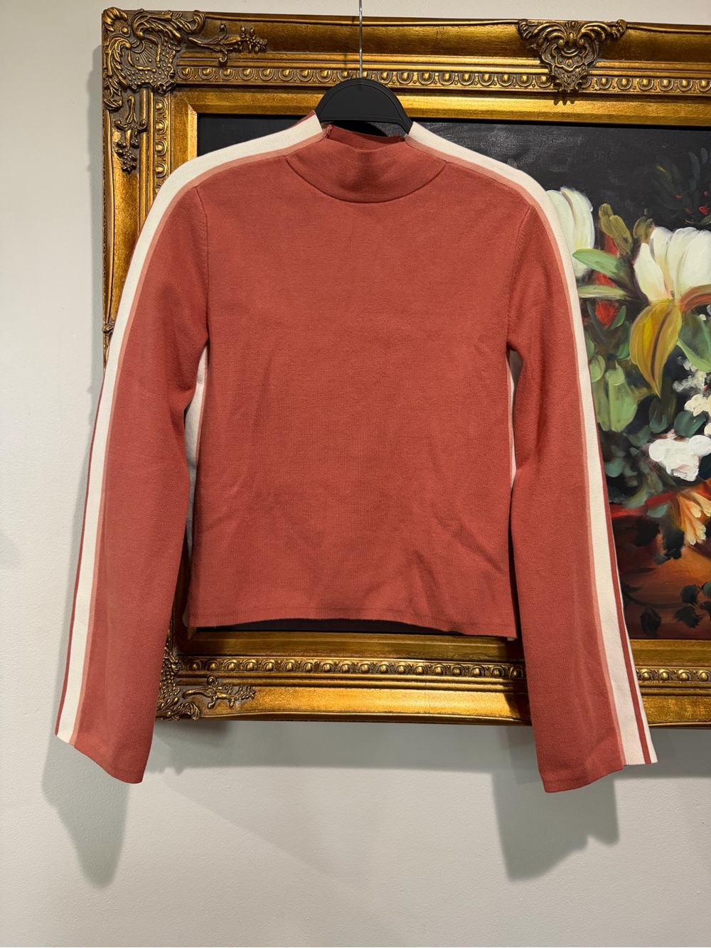 Veronica Beard Rust Mock Neck Sweater with White Stripe Sleeves